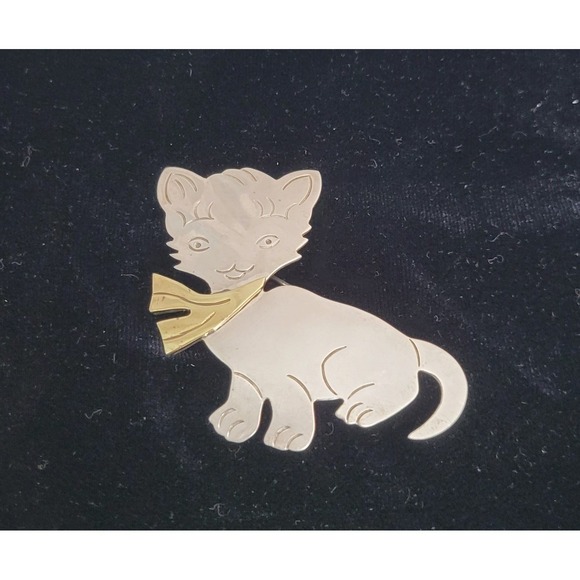 Sterling Silver 925 Cat Kitten Brooch & Pendant Pin Mixed Metal 2.25 Vtg Mexico